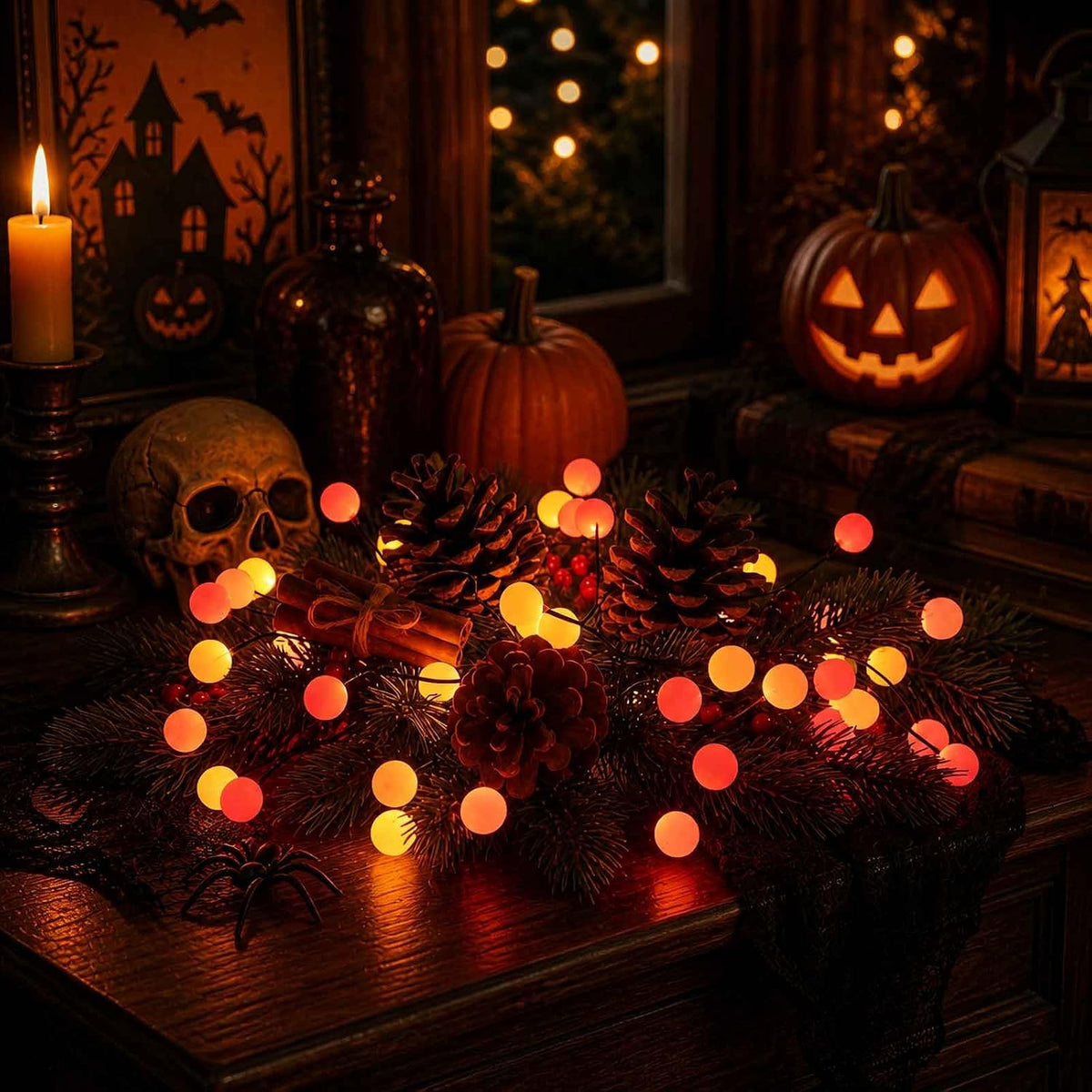 QBIS Battery Powered Halloween Lights, 40 Berry Lights, Orange Yellow Red