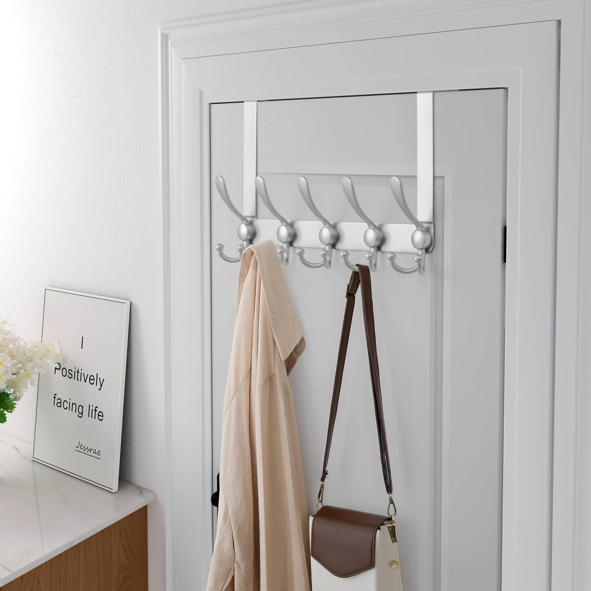 Dseap Over Door Hook 2.0 - Upgraded Version - Simple-Assembly, Strong, Heavy-Duty Stainless Steel 5-Tri-Hook Over The Door Hanger Rack, SimpleStrong Series, Silver