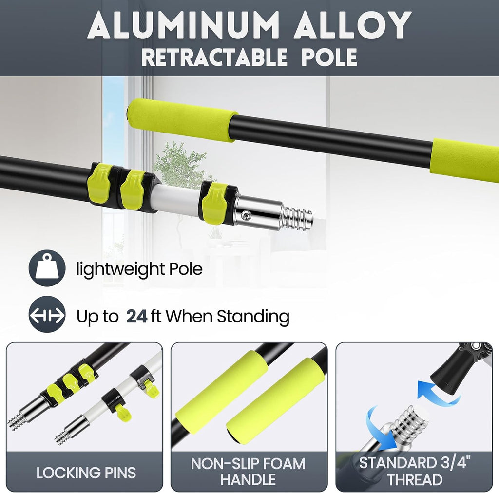 【Upgrade Anti Rotation 】 30FT High Reach Duster Kit,(18FT+6FT) Lightweight Aluminum Alloy Extension Rod,7-Piece Set,210° Steering Head Clean Various Angle,for Cleaning Ceiling,High Wall