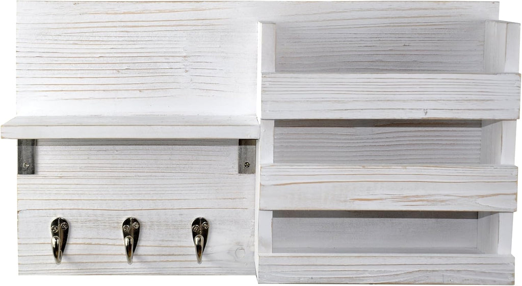 Wall-Mounted Key Hooks Holder and Mail Sorter - Rustic Wood White - Entryway Organizer for Letters, Leashes, and Purses - Floating Shelf, 16.5” W x 9.75" H x 4.5” D