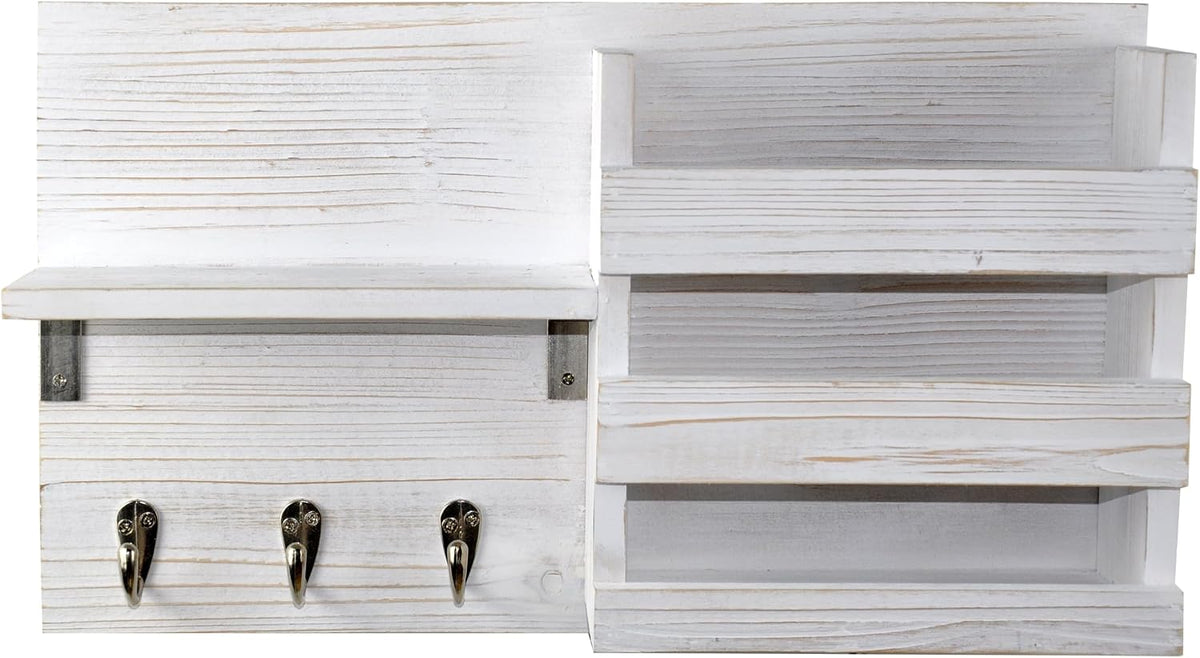 Wall-Mounted Key Hooks Holder and Mail Sorter - Rustic Wood White - Entryway Organizer for Letters, Leashes, and Purses - Floating Shelf, 16.5” W x 9.75" H x 4.5” D