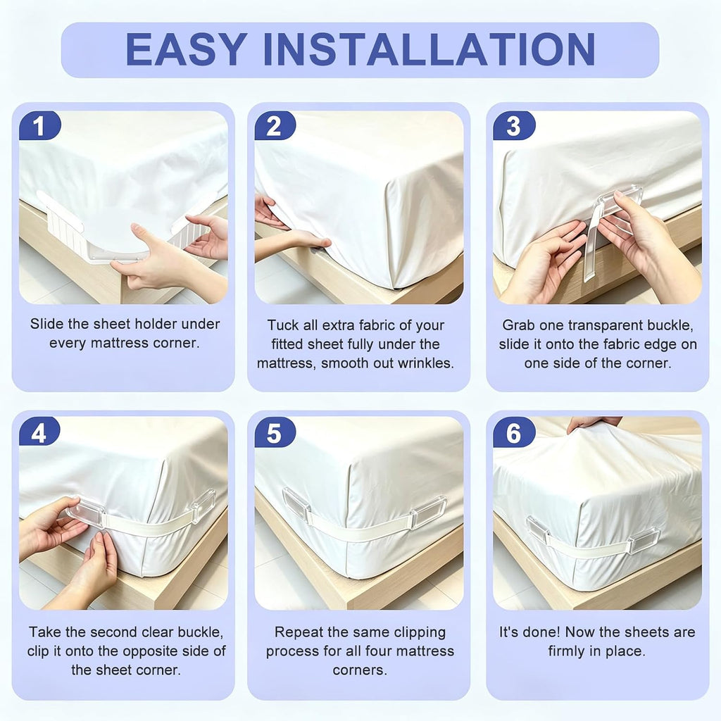 Bed Sheet Holders for Corners with Elastic Lock Straps for Mattress Sizes