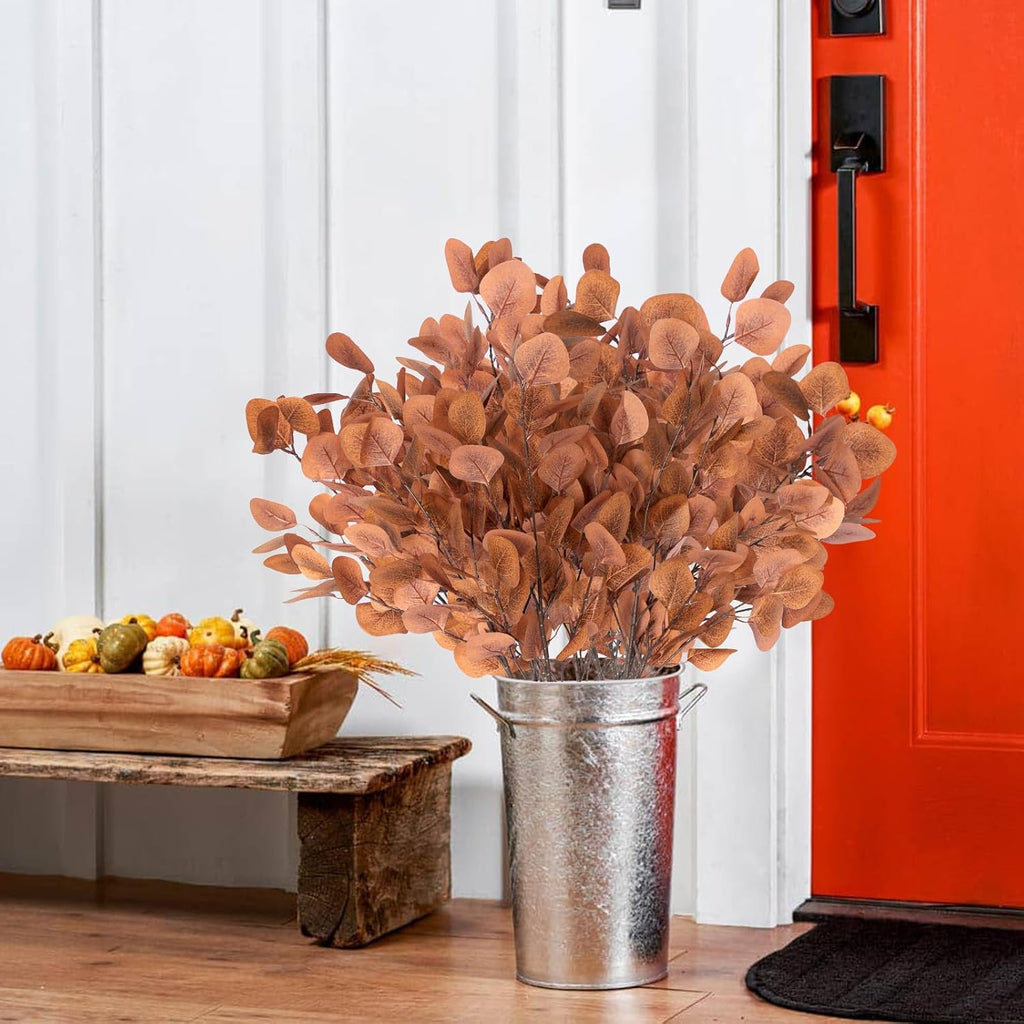 6 Pcs Fall Artificial Eucalyptus Stems Fall Decorations with Eucalyptus Leaf Branches for Indoor Home Autumn Festival Thanksgiving Decor(Dark Brown)