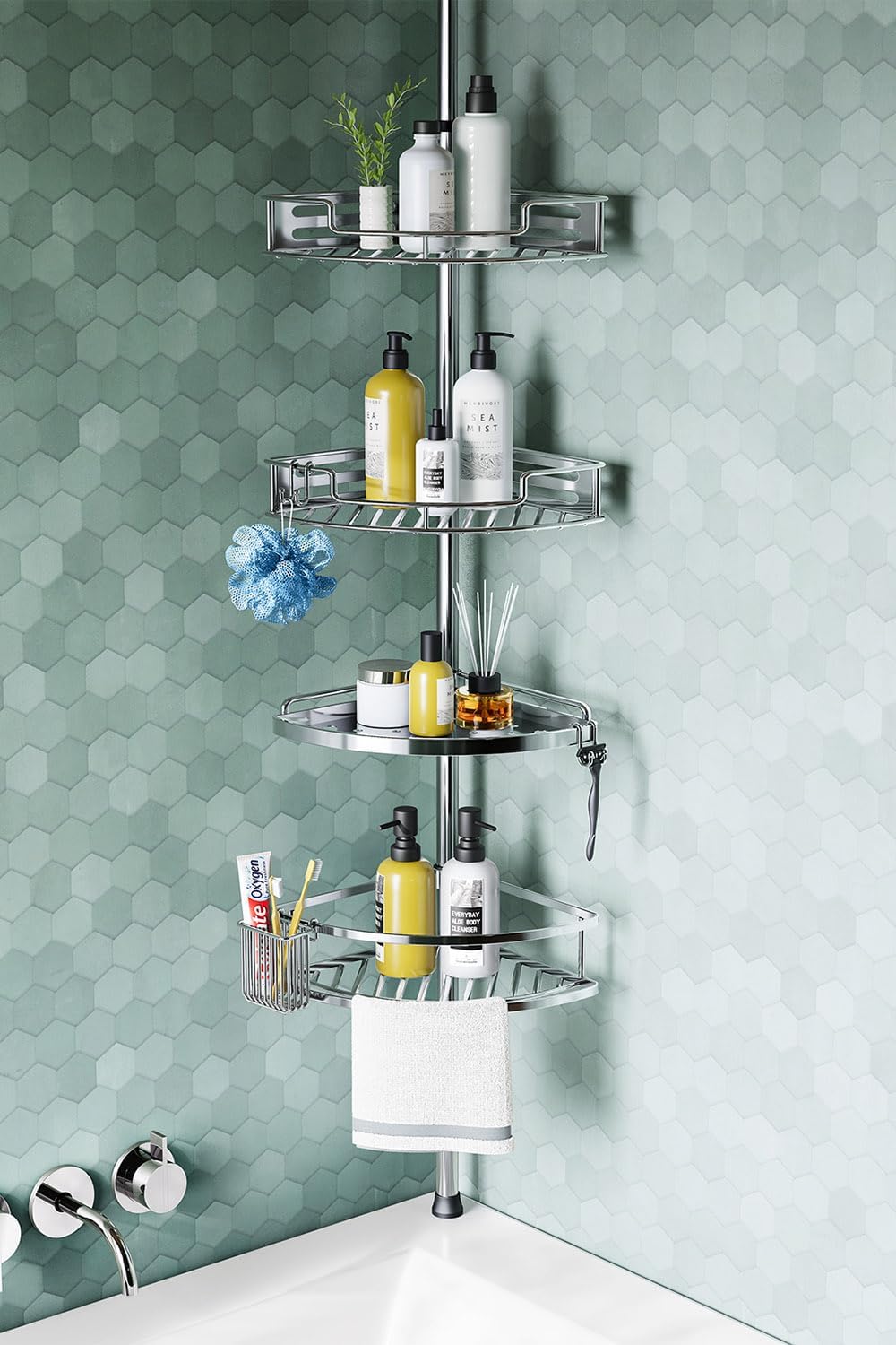 HAMITOR Shower Caddy Tension Pole, 4 Tier Corner Shower Shelves - Silver