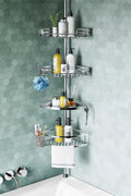 HAMITOR Shower Caddy Tension Pole, 4 Tier Corner Shower Shelves - Silver