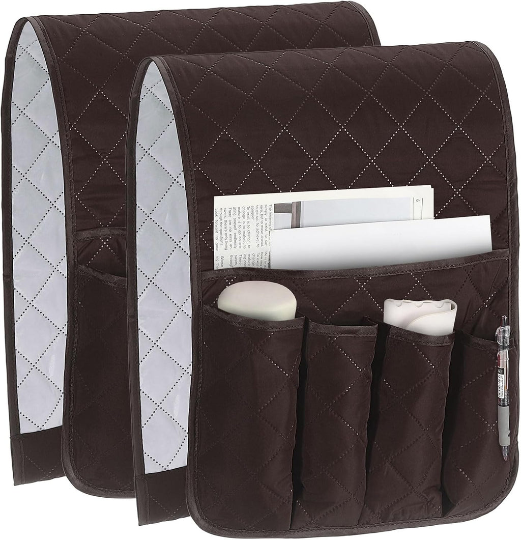 uxcell 2 Pcs Recliner Armchair Caddy, Couch Armrest Organizer with 5 Pockets for Bedside Sofa Remote Control Holder Magazine Phone Book Glasses (Brown, 35"x13")