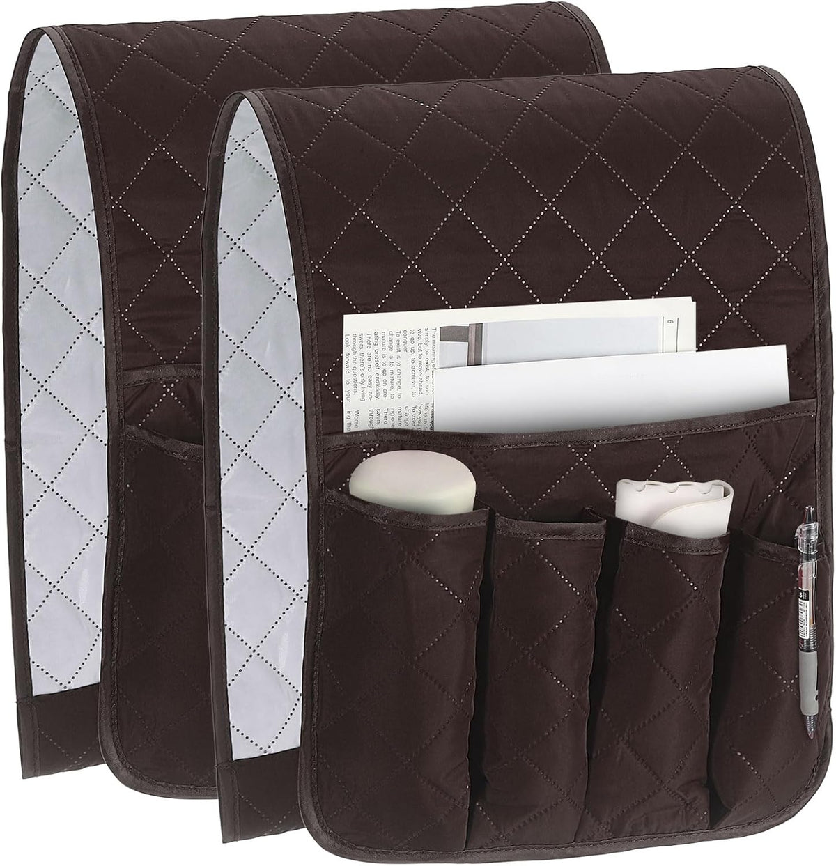 uxcell 2 Pcs Recliner Armchair Caddy, Couch Armrest Organizer with 5 Pockets for Bedside Sofa Remote Control Holder Magazine Phone Book Glasses (Brown, 35"x13")