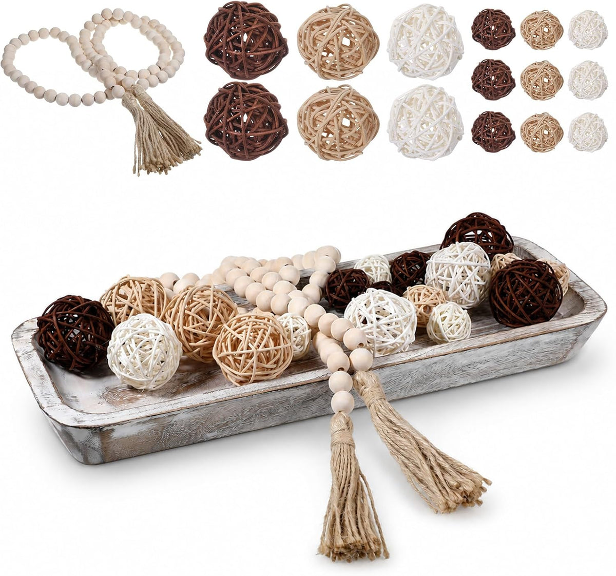 20 Pcs Wooden Dough Bowl Decor, Wood Dough Bowl Wicker Rattan Balls Beads String with Tassel, Wood Rustic Dough-Bowl Decorative for Dining Room Kitchen(White)