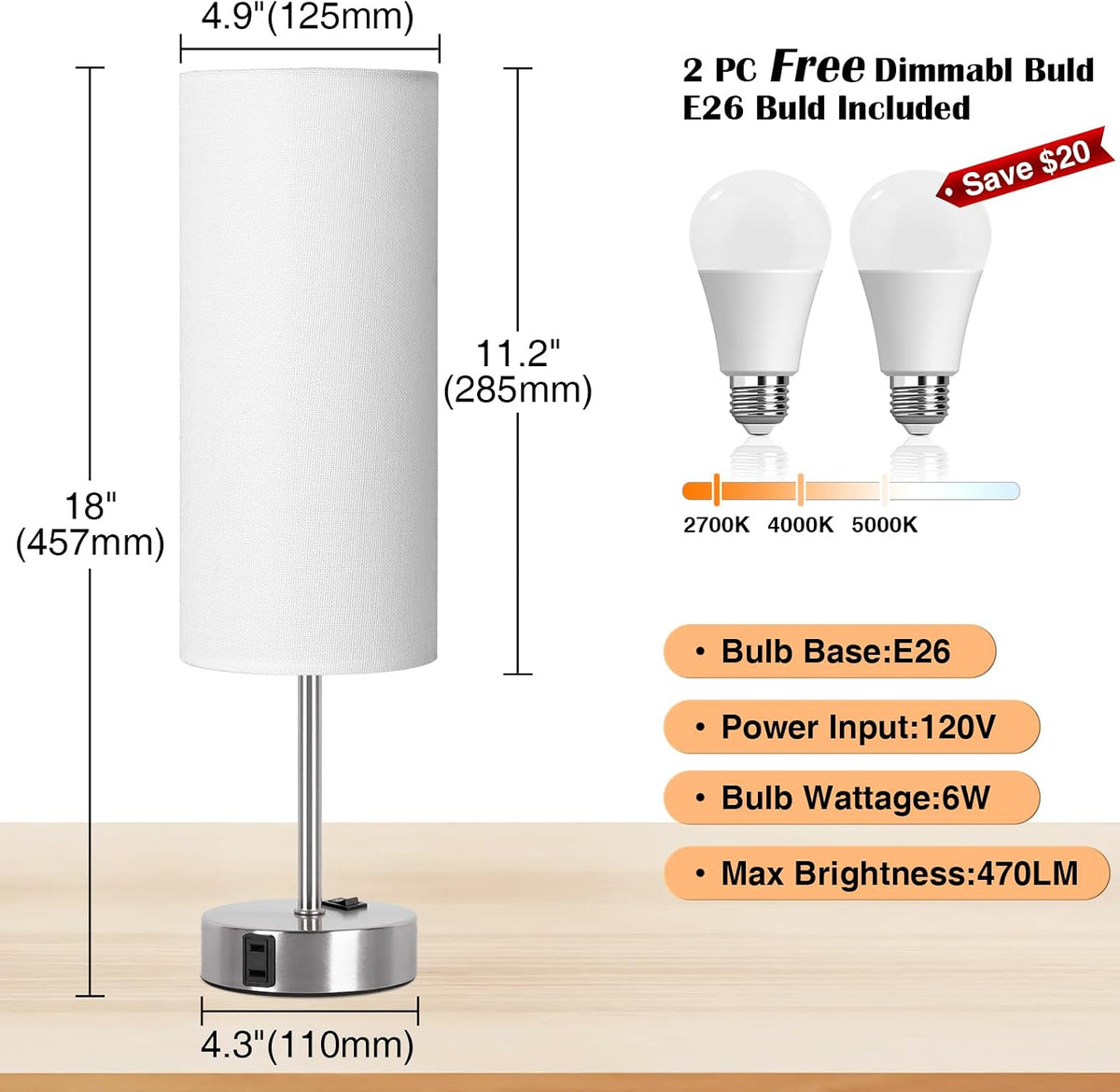ZJOJO Table Lamp for Bedroom 2 Pack,18in Bedside Lamps with 3 Way Dimmable Rocker Switch & AC Outlet,Nightstand Desk Lamp with White Fabric Shade Nickel Basee for Living Room Home Decor Lights