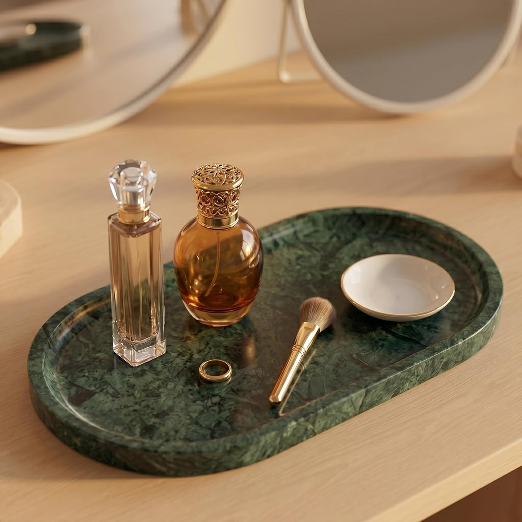 YKAJO Jade Green Oval Marble Tray, 11.8x5.9 Vanity Perfume Organizer Dish