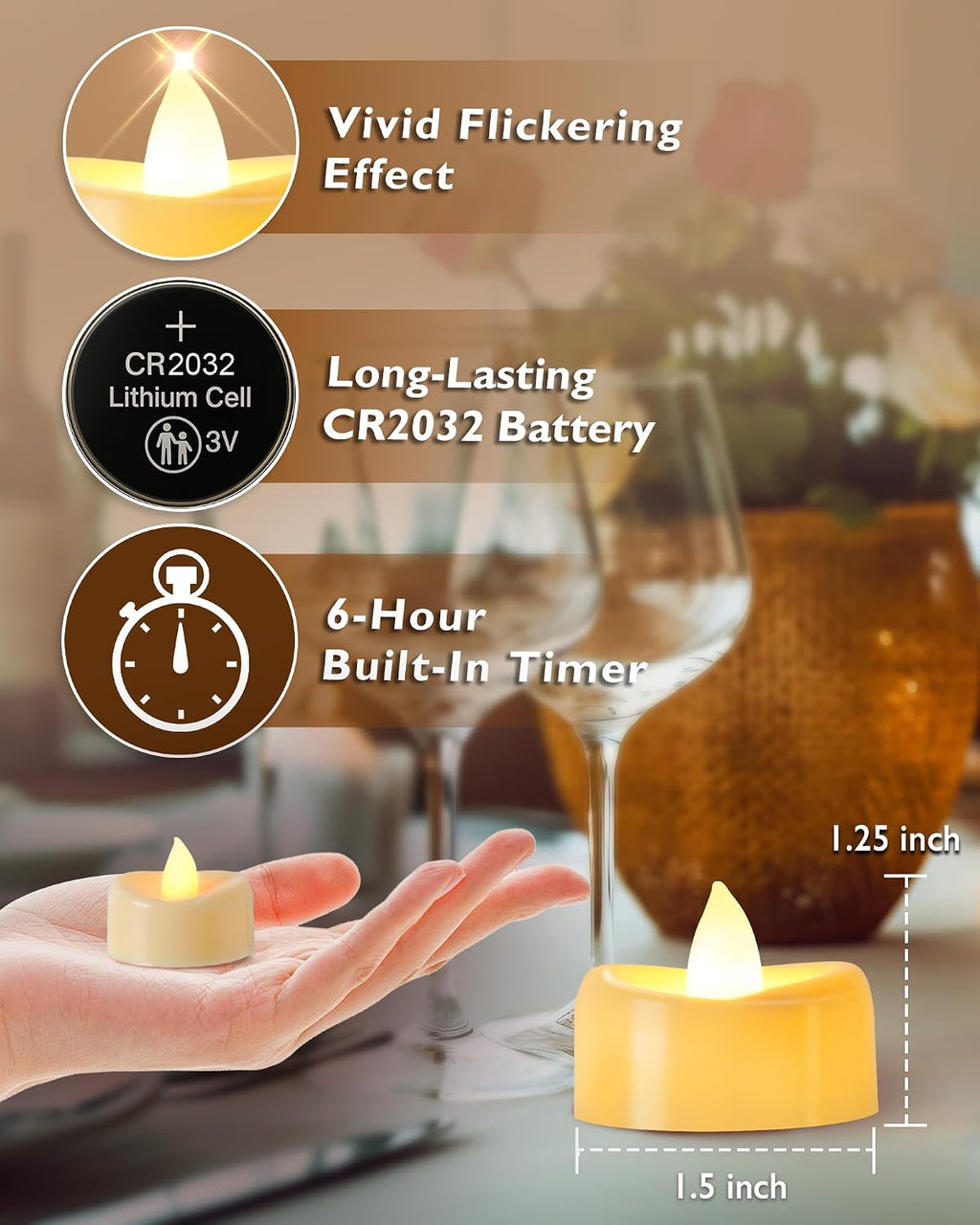 Raycare Battery Operated Tea Lights with Timer, Flickering Votive Candle