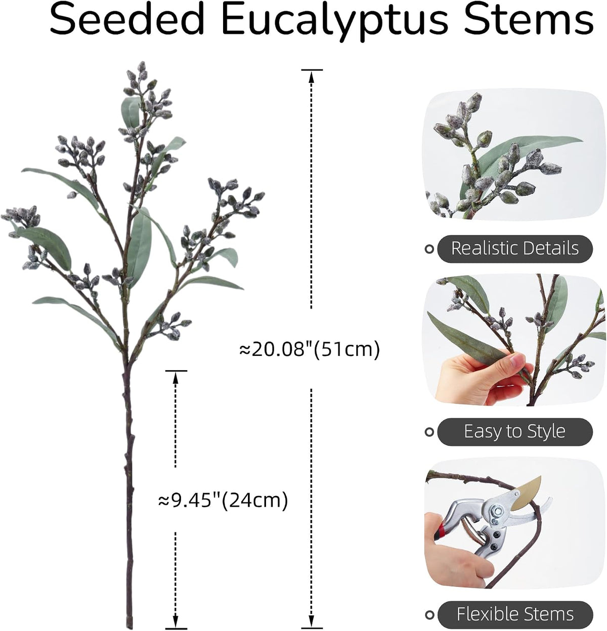 Faux Seeded Willow Eucalyptus Stems, 4Pcs Gray Artificial Greenery