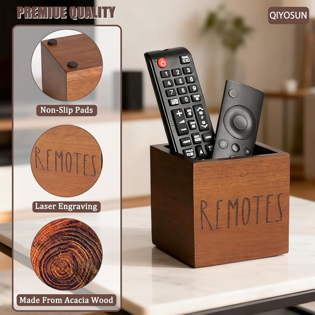 Remote Control Holder, Farmhouse Wood TV Organizer for Table, Wooden Remote Control Organizer, Remote Storage Caddy, Remote Control Organizer (Brown, 3.5 Inch-Labeled REMOTE)