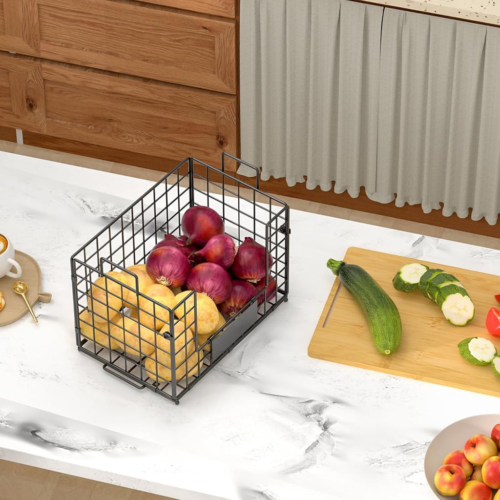 2-Pack Stackable Wire Baskets with 2 Pads & Bamboo Top, Pantry Organizer