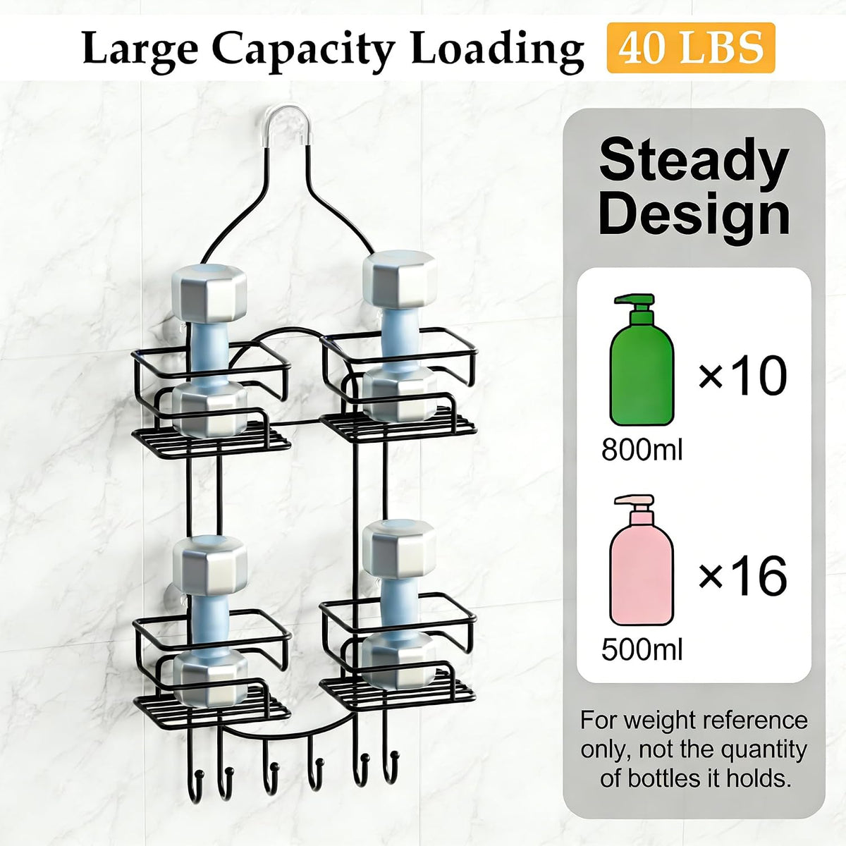 SRIWATANA Shower Caddy Hanging, Shower Organizer with Razor Hooks, Black