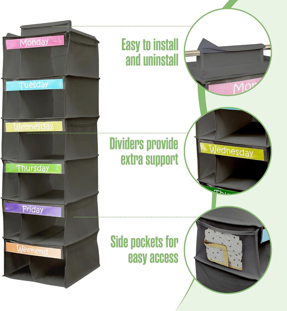Kids Clothes Organizer, Weekly Clothes Organizer for Kids, 6 Shelf, Grey