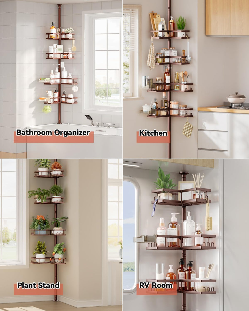 YASONIC Corner Shower Caddy Tension Pole, Adjustable Shower Shelves, Rust-Resistant Shower Organizer, No-Drill 3-Step Installation, Bathroom Shelves for Renters & Family, Bronze