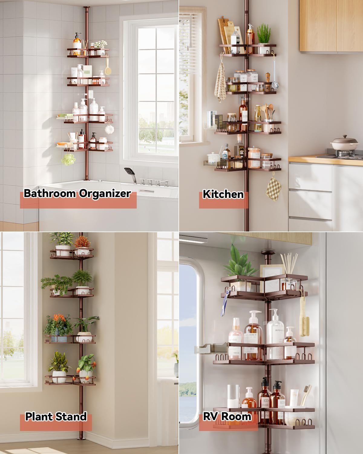 YASONIC Corner Shower Caddy Tension Pole, Adjustable Shower Shelves, Rust-Resistant Shower Organizer, No-Drill 3-Step Installation, Bathroom Shelves for Renters & Family, Bronze