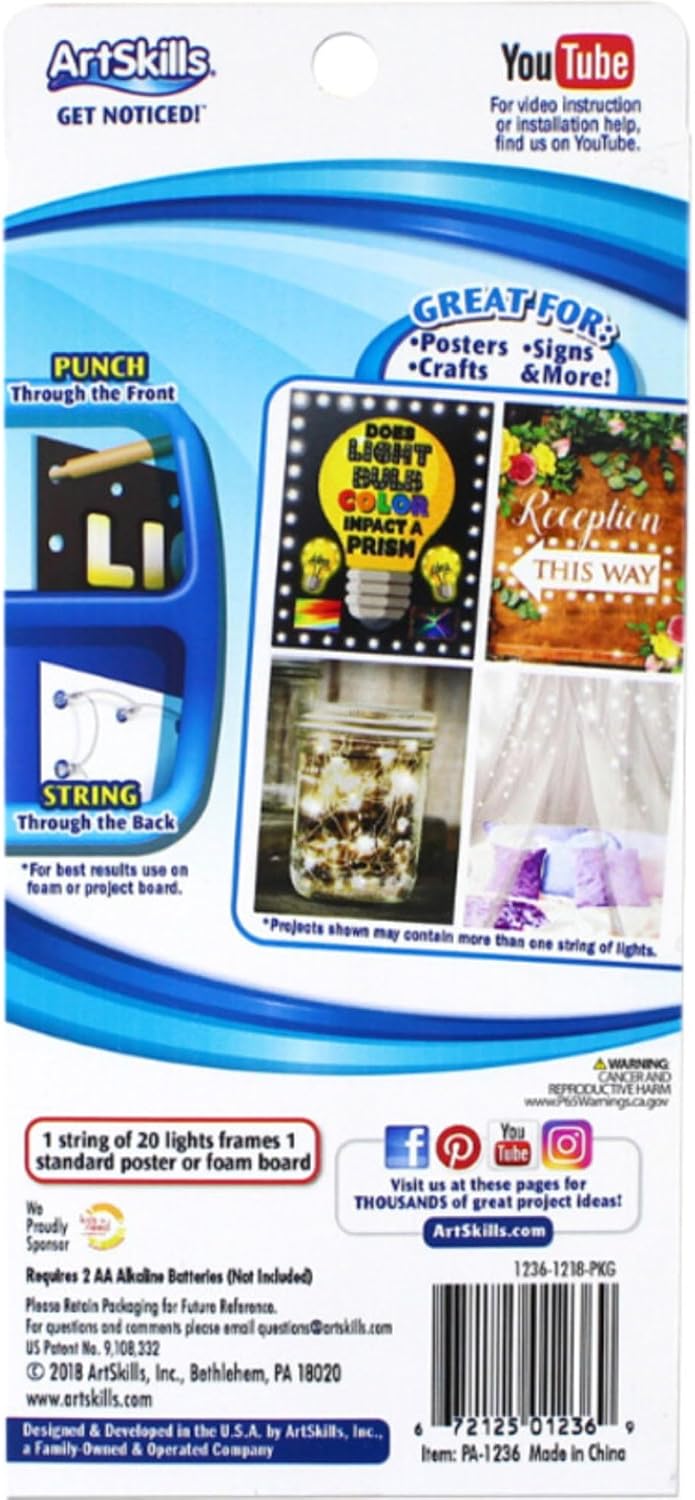 ArtSkills White Poster Lights, Poster Board Decorations, Sign Making & Science Fair Board Supplies, Battery-Operated String Light Kit, 20 Lights