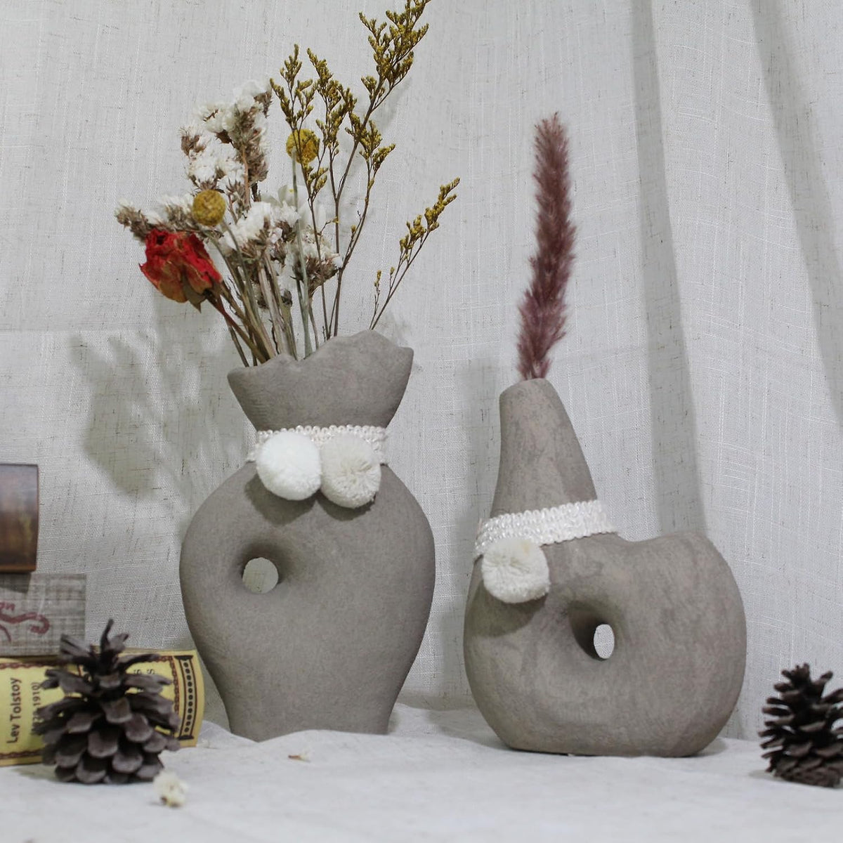 Gray Terracotta Vase, Boho Geometric Hollow Decor with Pom-Pom