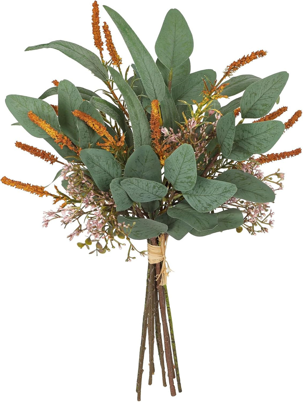 Briful Fall Artificial Eucalyptus Bouquet with Orange Sage Leaves – Autumn Faux Greenery Bush with Raffia Wrap for Farmhouse, Kitchen, Table, and Seasonal Home Décor