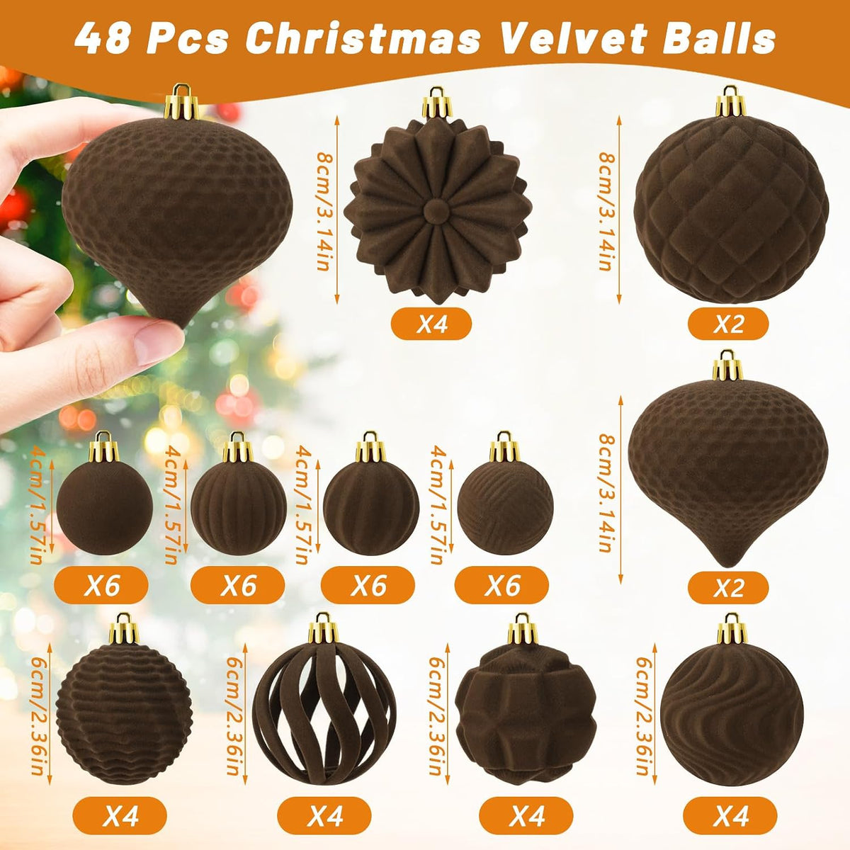 48 Pcs Velvet Christmas Ball Ornaments Set for Xmas Tree Decor(Caramel)