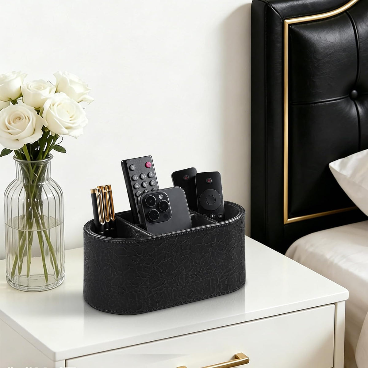 Oval Remote Control Holder, Nightstand Organizer Desk Caddy (Black)