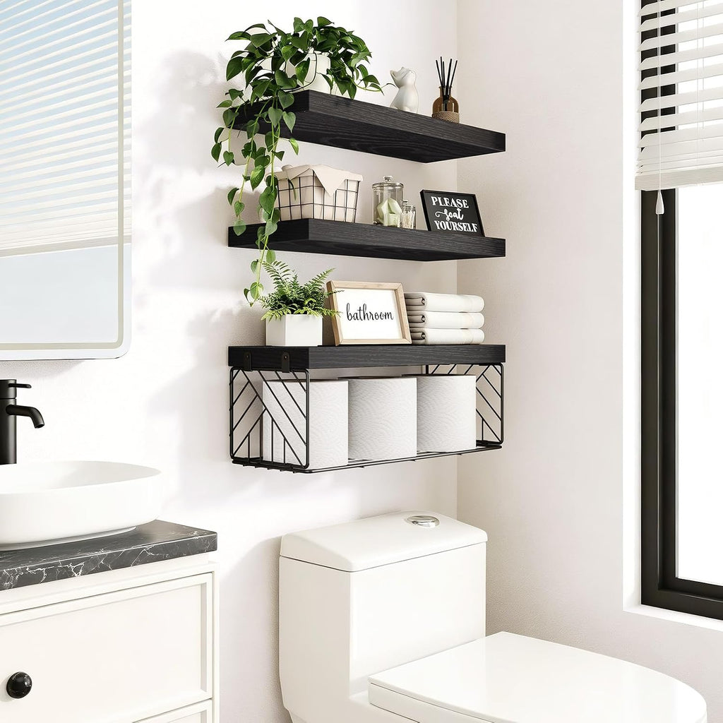 BAYKA Black Floating Bathroom Shelves, 15.7in, 3Pk, Wall Mount Wood Shelf