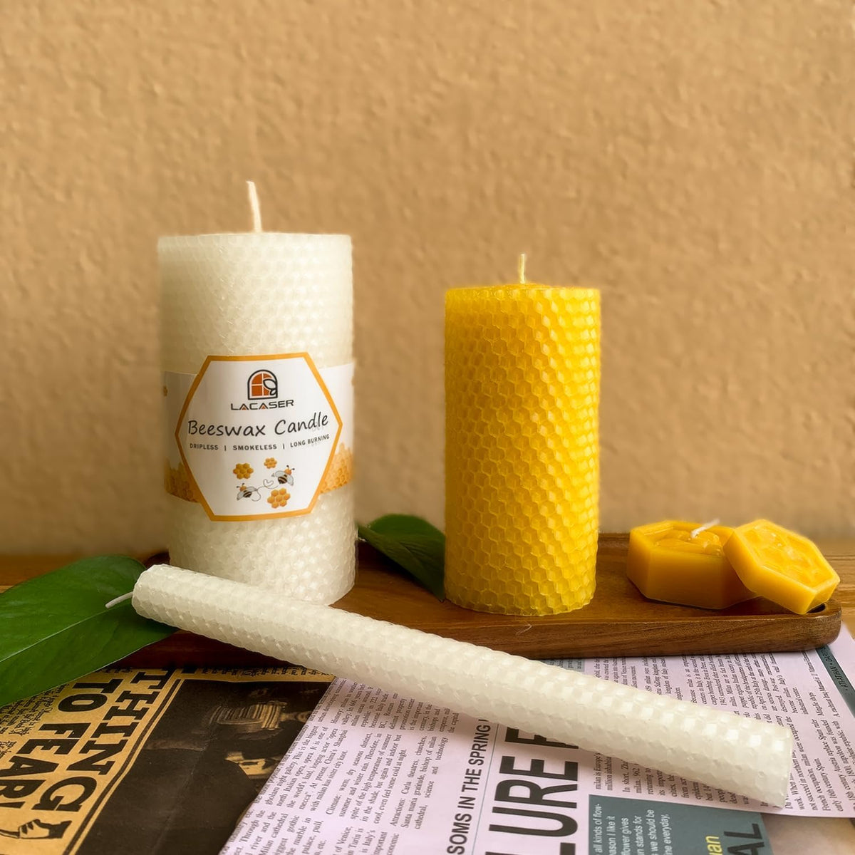 Large Beeswax Pillar Candles, Size 3"x6", Natural Bees Wax Candle Sheet Handrolled for Home, Unscented & Smokeless, 40 Hour Burn Time, White