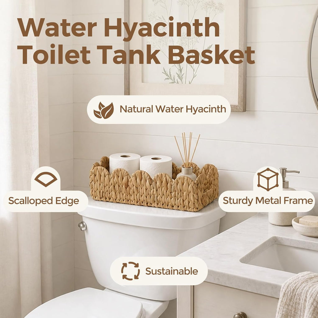 2 Pack Scalloped Water Hyacinth Toilet Tank Basket for Bathroom Decor