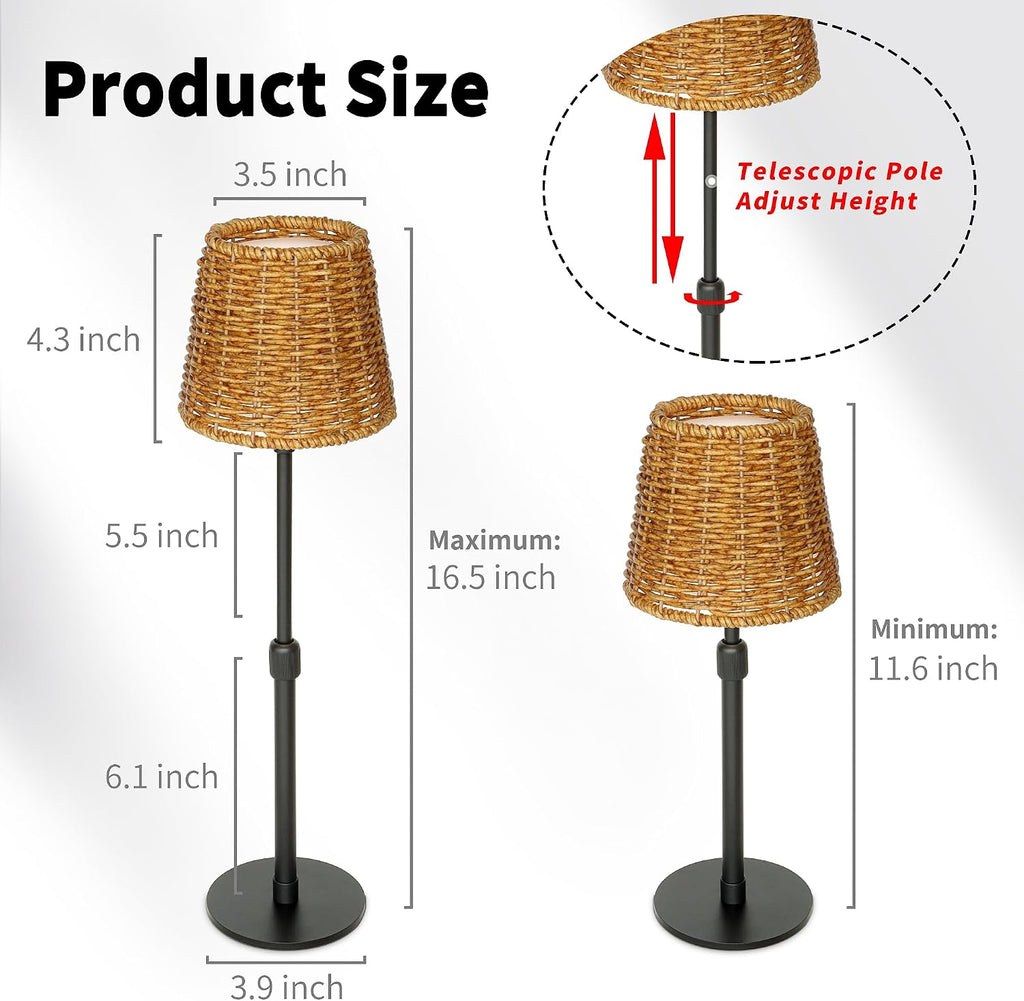 Mr.White Outdoor Waterproof Rechargeable Cordless Table Lamp with Wicker Shade, 5200mAh Battery Operated Table Light with Telescopic Pole, for Patio Restaurant Kitchen (Black)
