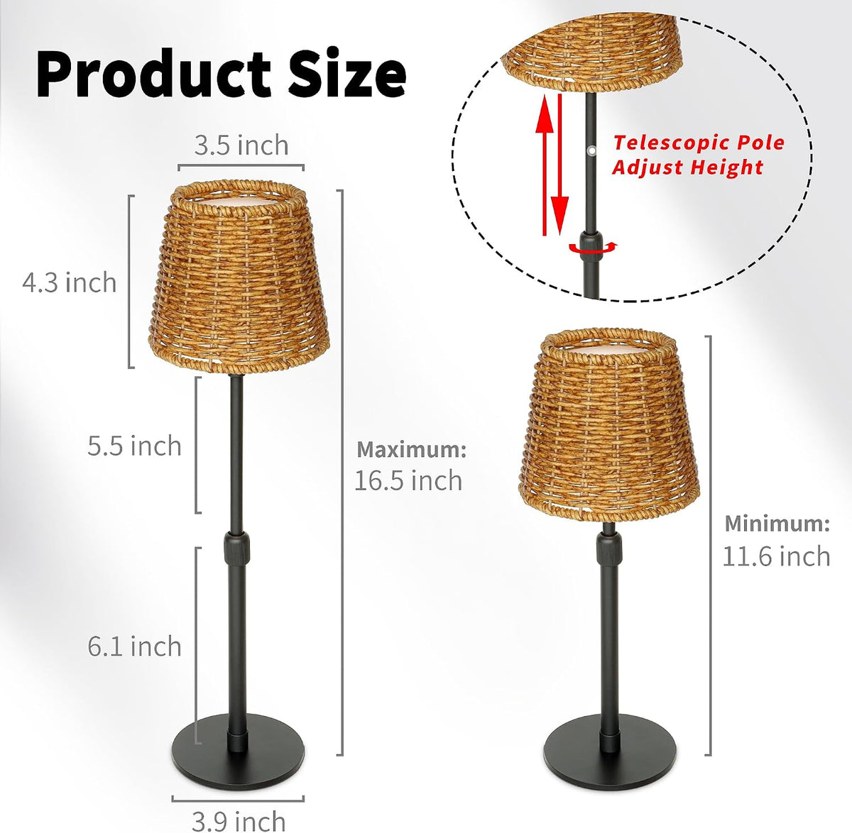 Mr.White Outdoor Waterproof Rechargeable Cordless Table Lamp with Wicker Shade, 5200mAh Battery Operated Table Light with Telescopic Pole, for Patio Restaurant Kitchen (Black)