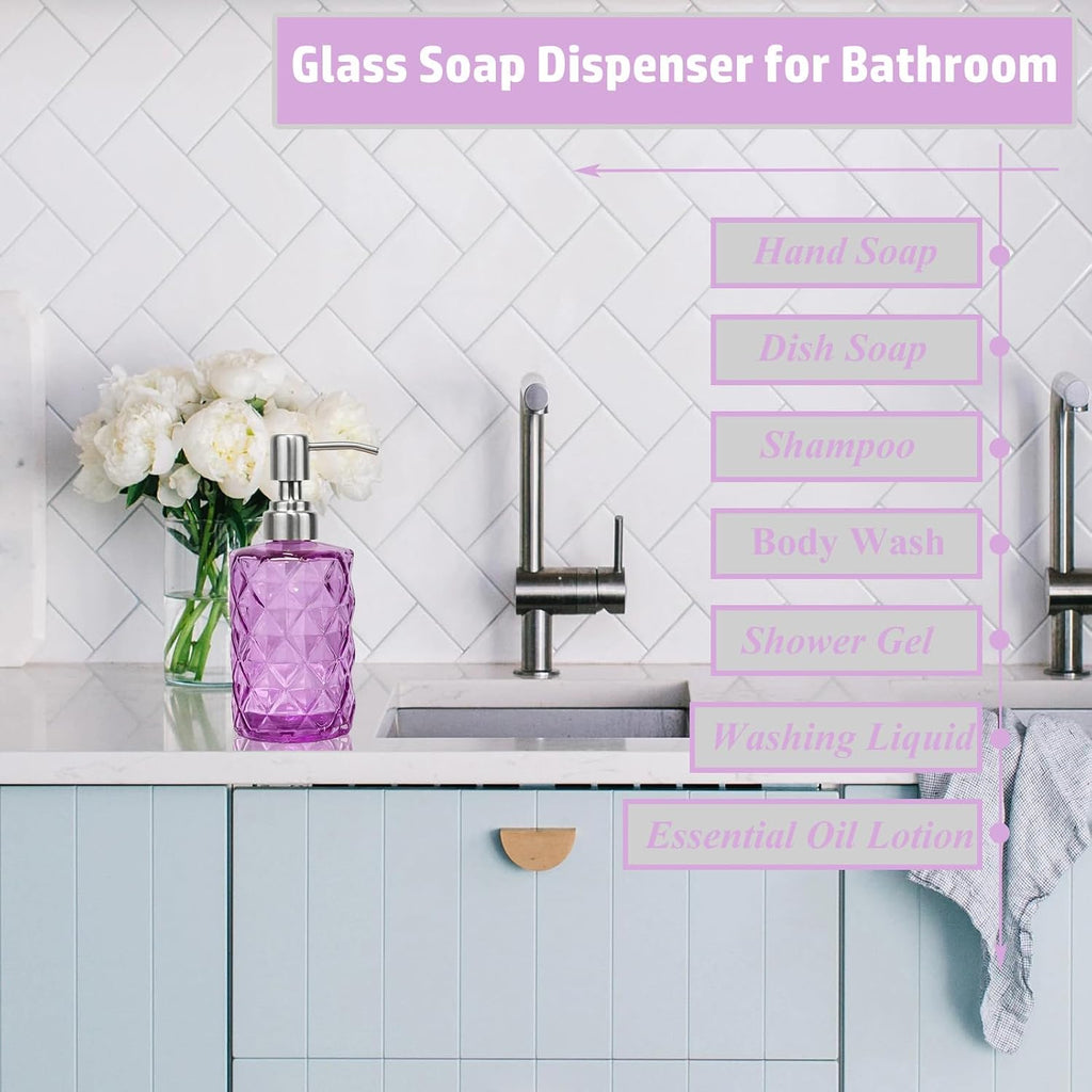 12Oz Purple Glass Soap Dispenser, Liquid Hand Bottle, Stainless Steel Pump