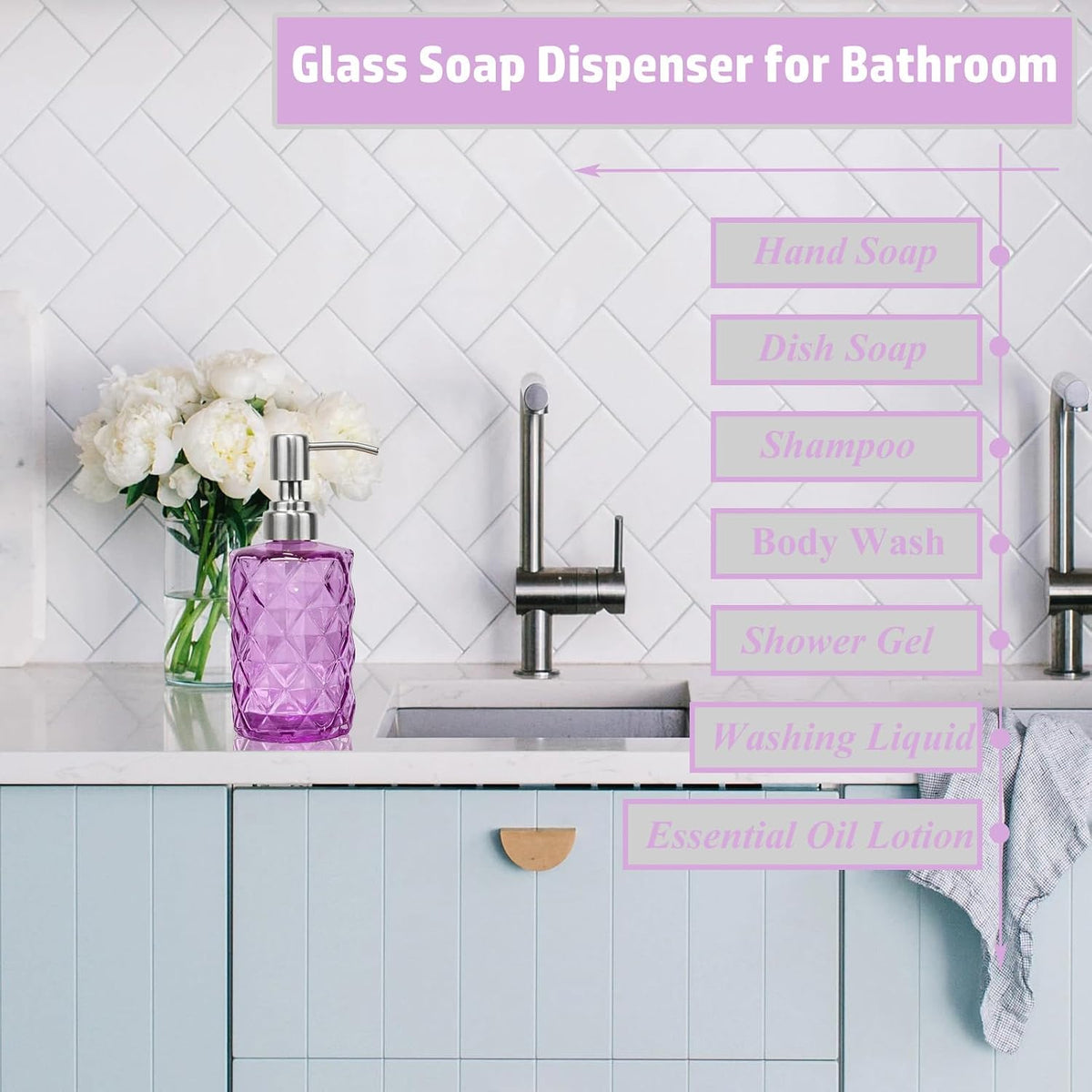 12Oz Purple Glass Soap Dispenser, Liquid Hand Bottle, Stainless Steel Pump