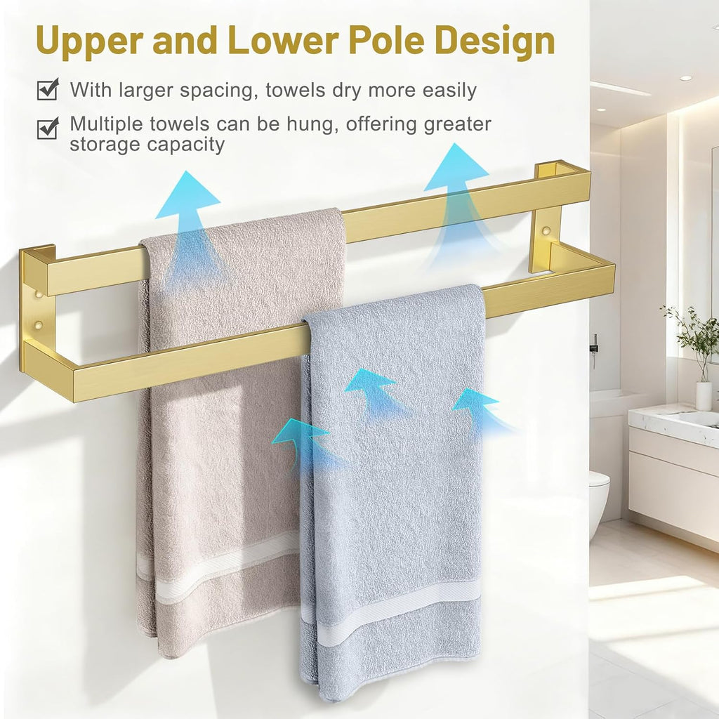 Double Towel Bar,Towel Rack for Bathroom Stainless Steel Wall-Mounted Bathroom Hardware Brushed Gold 24 Inch Bathroom Accessories