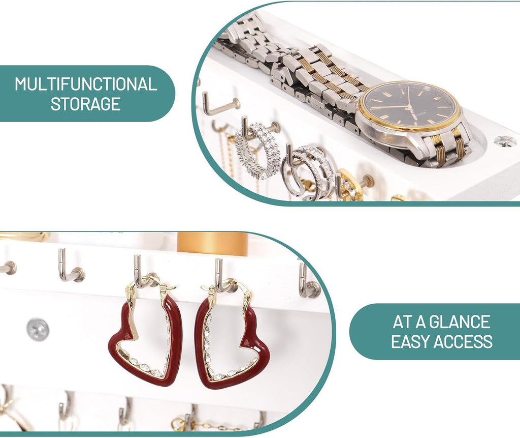 Necklace Holder Wall Mount,Jewelry Organizer with 30 Hooks,White