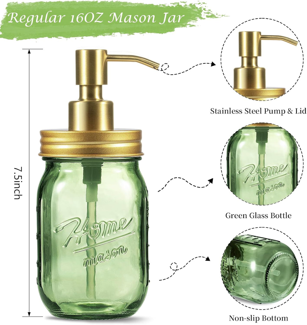 Amolliar Green Glass Mason Jar Liquid Soap Dispenser, 16OZ, Gold 2 Pack