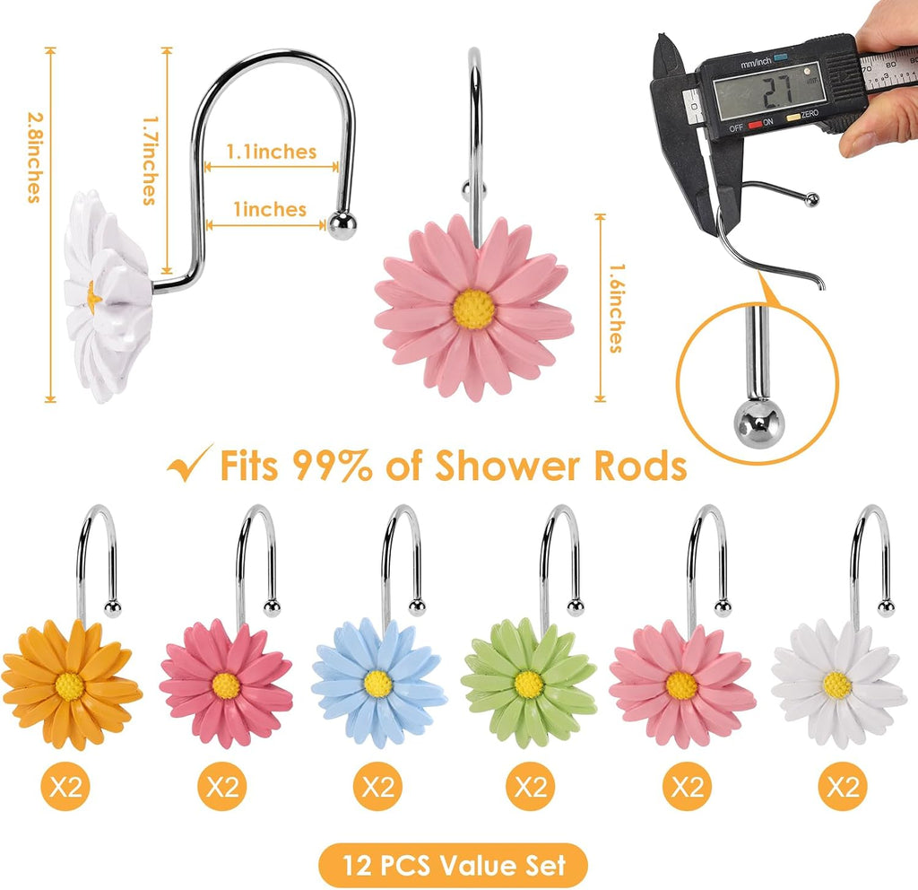 Flower Shower Curtain Hooks, 12 Pack Rustproof Stainless Steel Decorative, Bohemian Floral Bathroom Accessories for Curtain Rod and Shower Rod (Pastel Daisy)