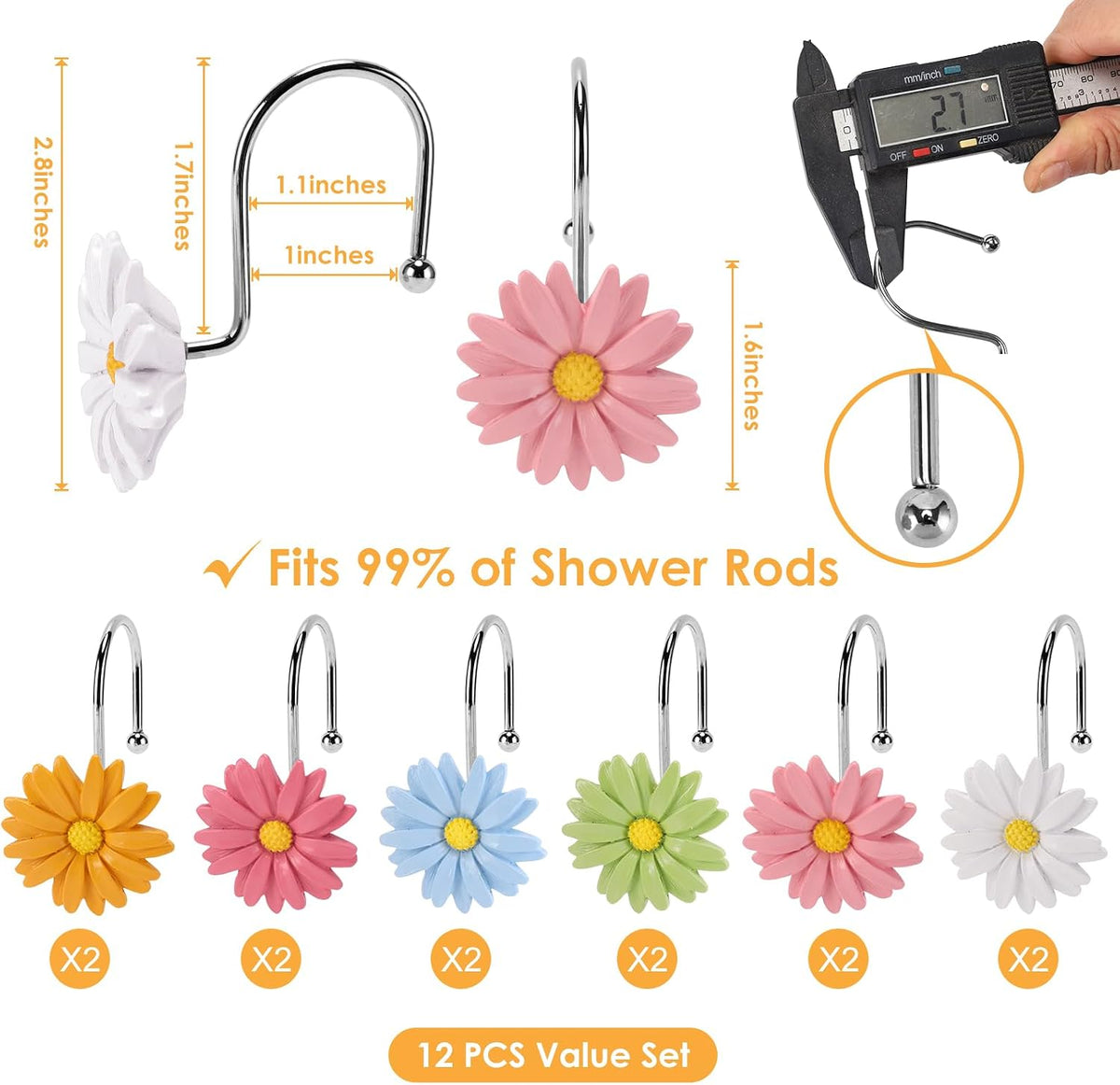 Flower Shower Curtain Hooks, 12 Pack Rustproof Stainless Steel Decorative, Bohemian Floral Bathroom Accessories for Curtain Rod and Shower Rod (Pastel Daisy)