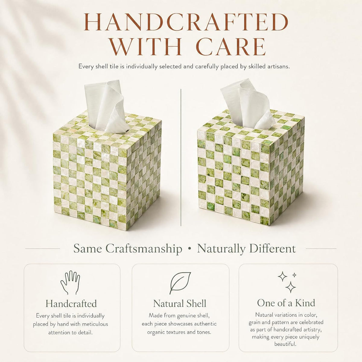 YANGQIHOME Capiz Shells Tissue Box Cover, Handmade Decorative Tissue Box Holder with Mother of Pearl, Square Facial Tissue Holder for Bathroom, Living Room, Kitchen, 5.5" x 5.5" x 5.9" (Green)