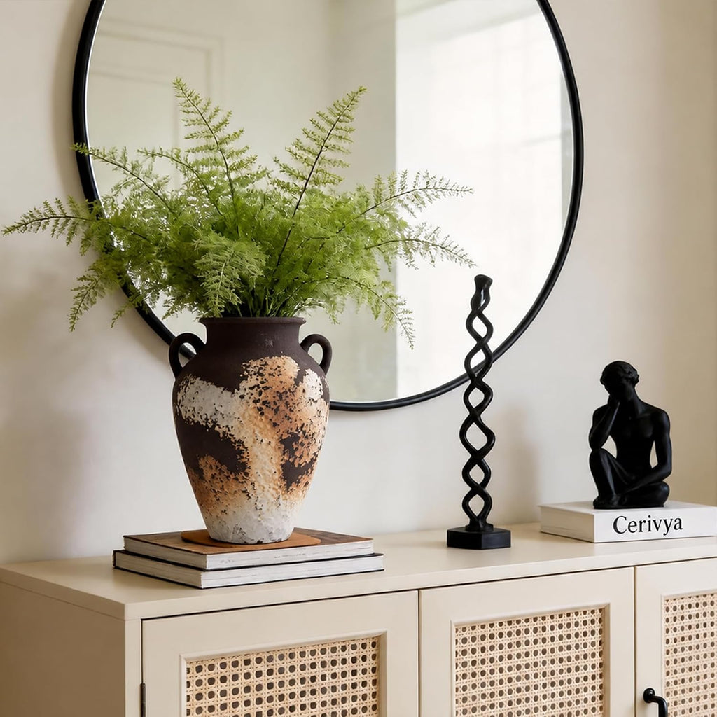 Brown Ceramic Clay Vase with Handles, Vintage Flower Vase for Home Decor