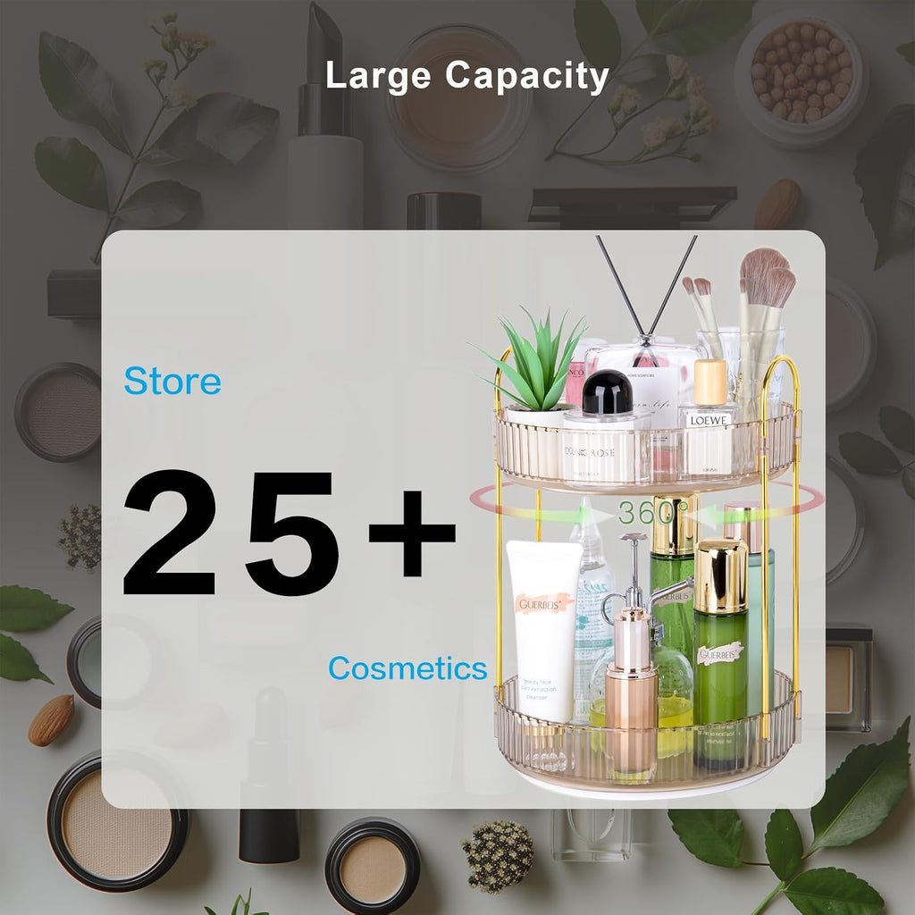 360 Rotating Makeup Organizer - Large Capacity Spinning Perfume & Cosmetic Skincare Holder for Vanity & Countertop (Vibrant Orange, 2 Tier)