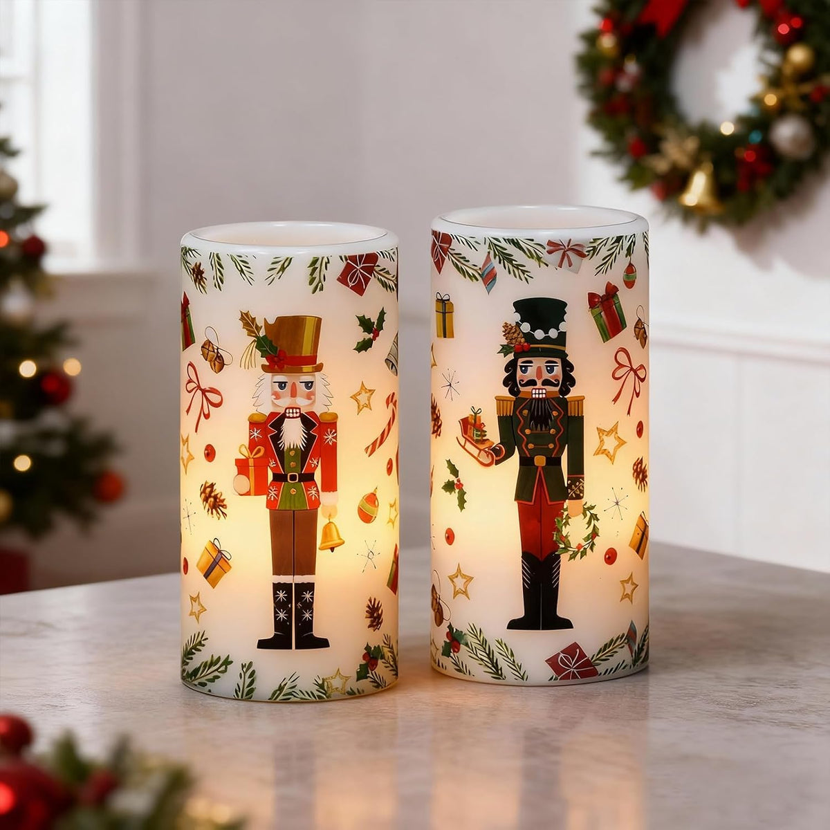 Christmas Nutcracker Flameless Pillar Candles with Remote Timer