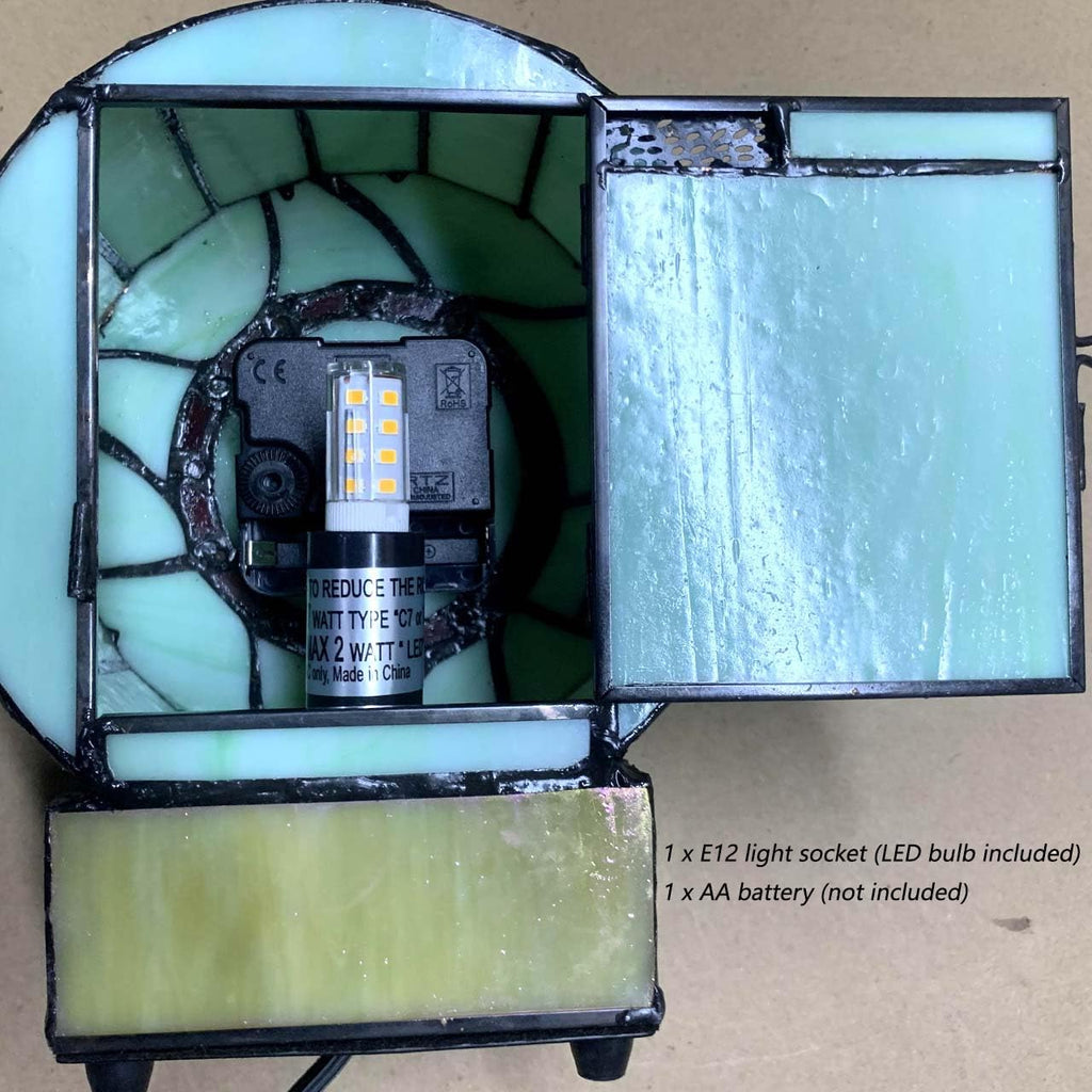 Bieye L10970 Cat and Mouse Tiffany Style Stained Glass Clock Lamp, Green