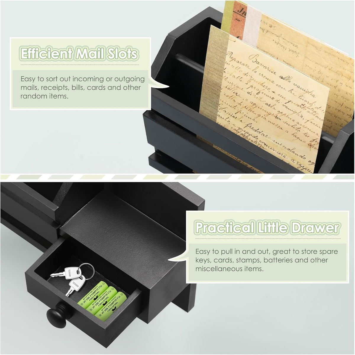 VIS'V Key Holder Wall Mount, Wooden Mail and Key Organizer, Black