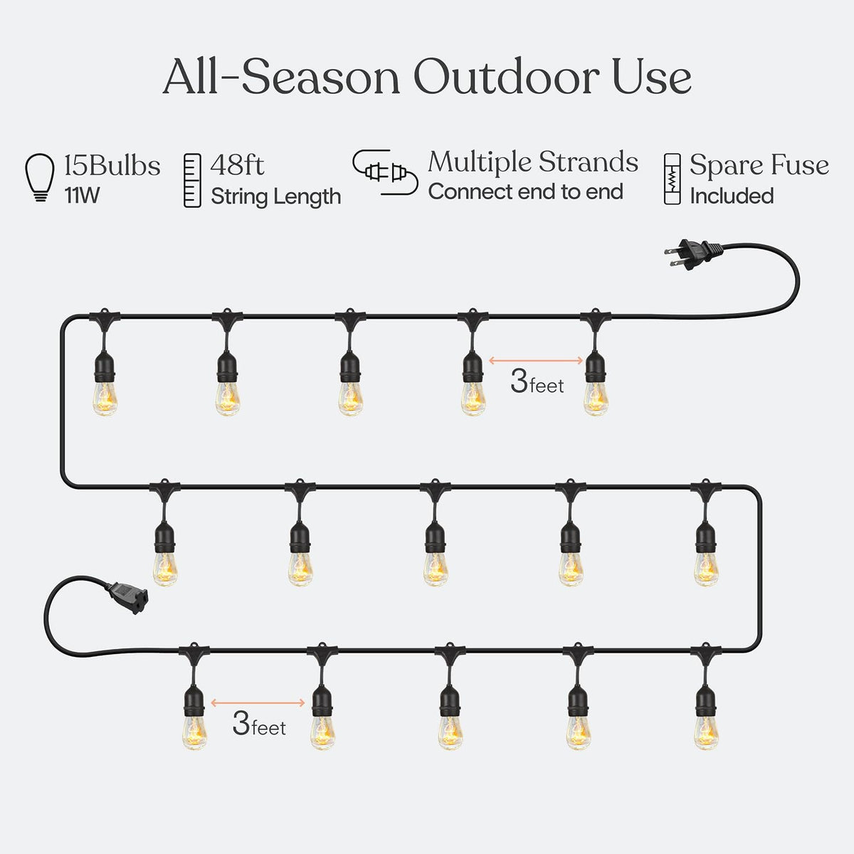 Brightech Ambience Pro Incandescent Outdoor String Lights - Commercial Grade Waterproof Patio Lights with 48 Ft Dimmable Edison Bulbs, Porch String Lights for Patio, Backyard - 15 Bulbs 11W