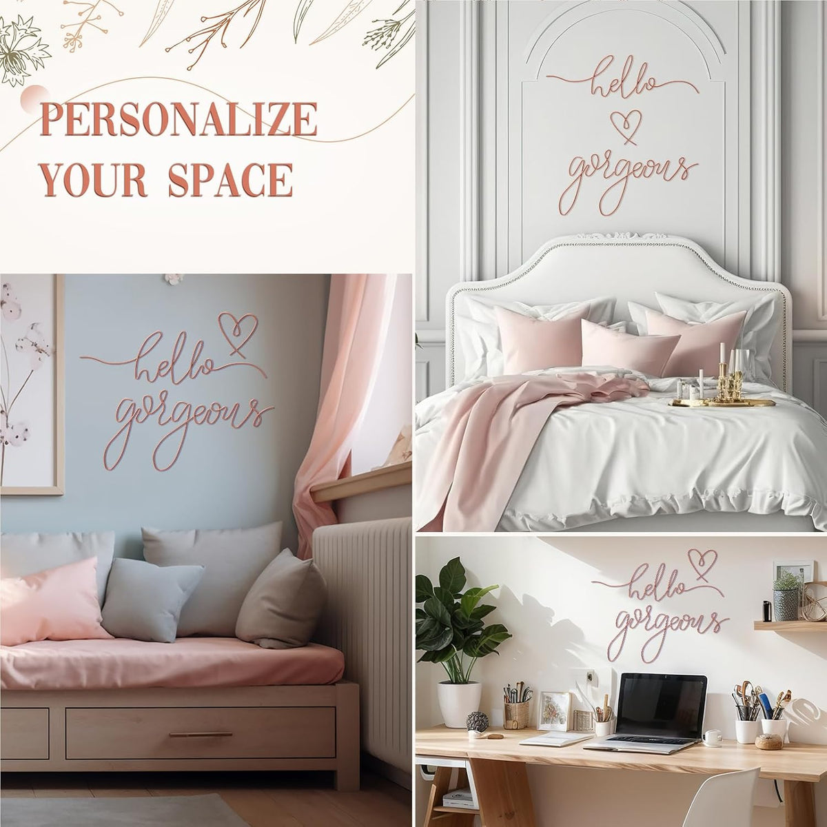 Hicarer Metal Hello Gorgeous Wall Art Minimalist Wall Decor, Rose Gold