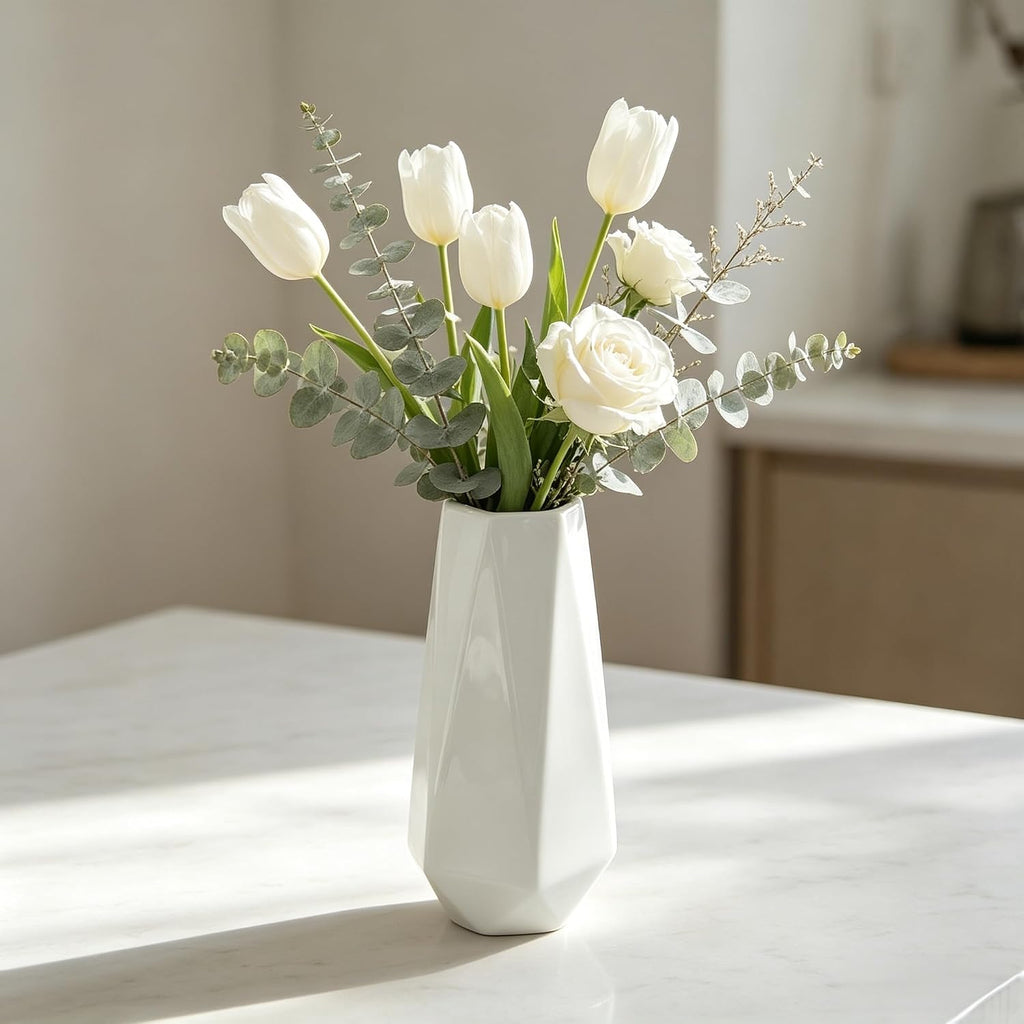 Small White Vase, 7.4 Inch Ceramic Flower Vases Minimalism Style for Modern Table Shelf Centerpiece Home Decor Fit for Housewarming, Weddings, Birthday, Thanksgiving Day, Halloween, Christmas