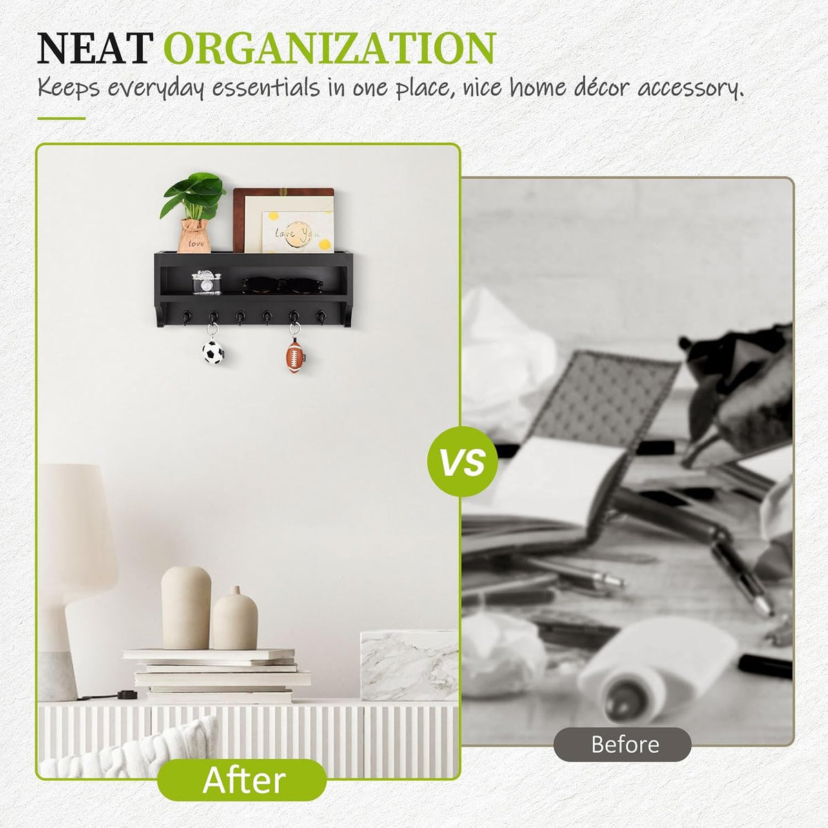 Nekon Key Holder Wall Mount, Pine Wooden Mail Organizer, Black