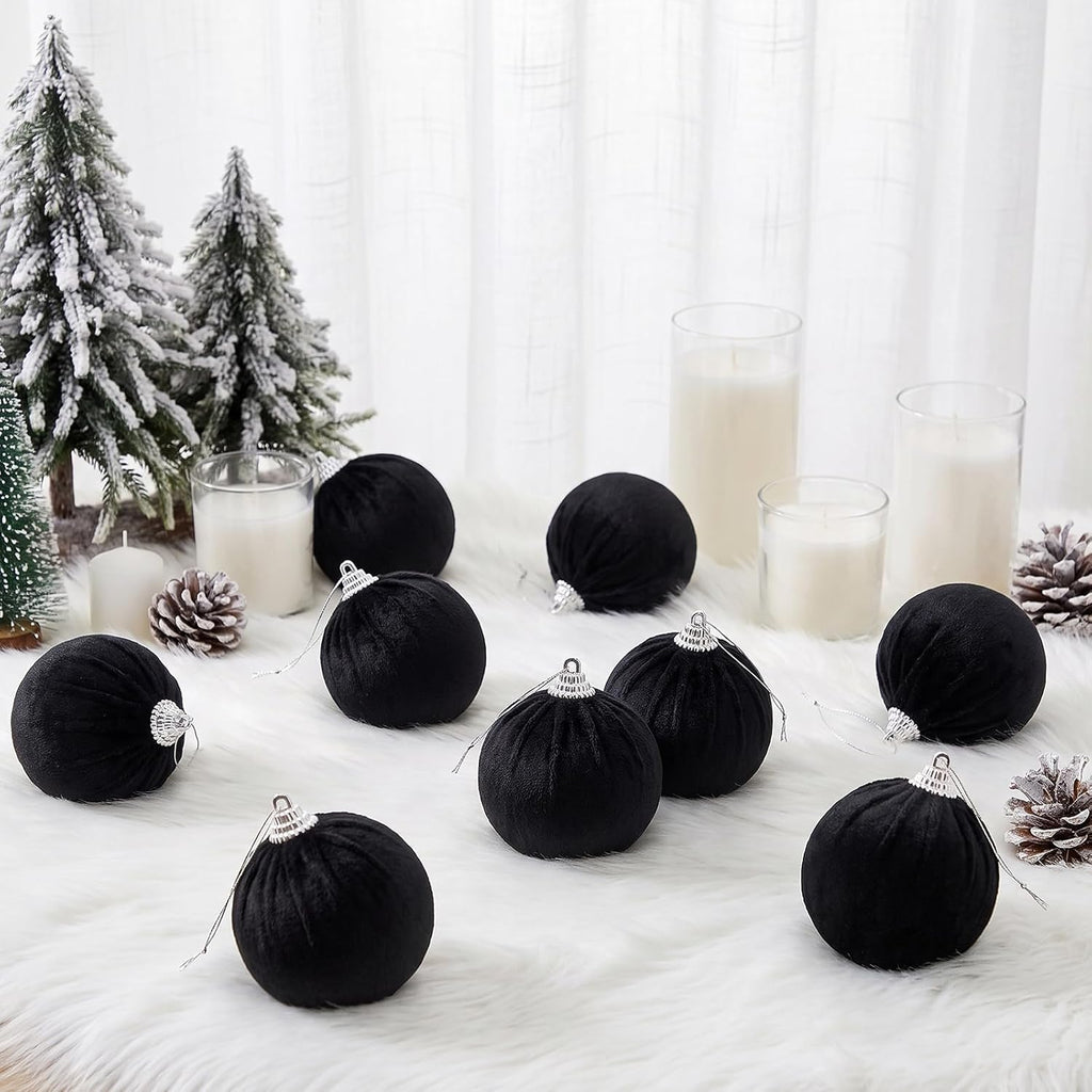 Woration 15 Pcs Christmas Hanging Ball Ornaments Black Velvet Balls - 2.36"